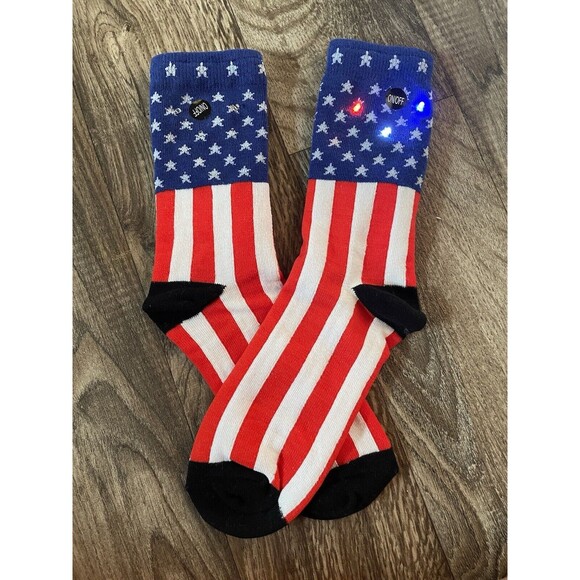 Patriotic LED Lighted American Flag Light Up USA Socks Novelty Gag Gift Fun - Picture 2 of 3